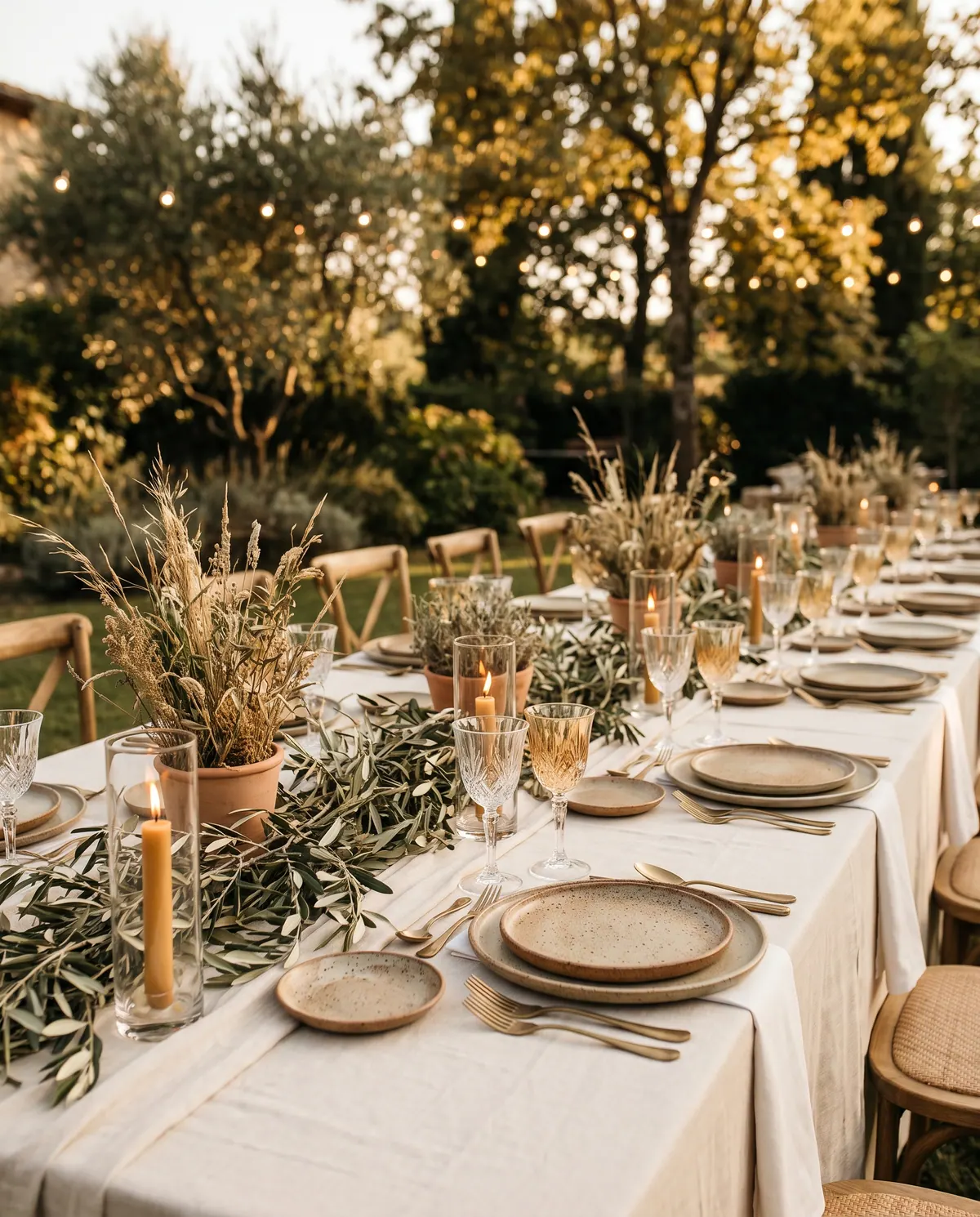 Mesa de casamento ao pôr do sol com linho creme, ramos de oliveira e velas