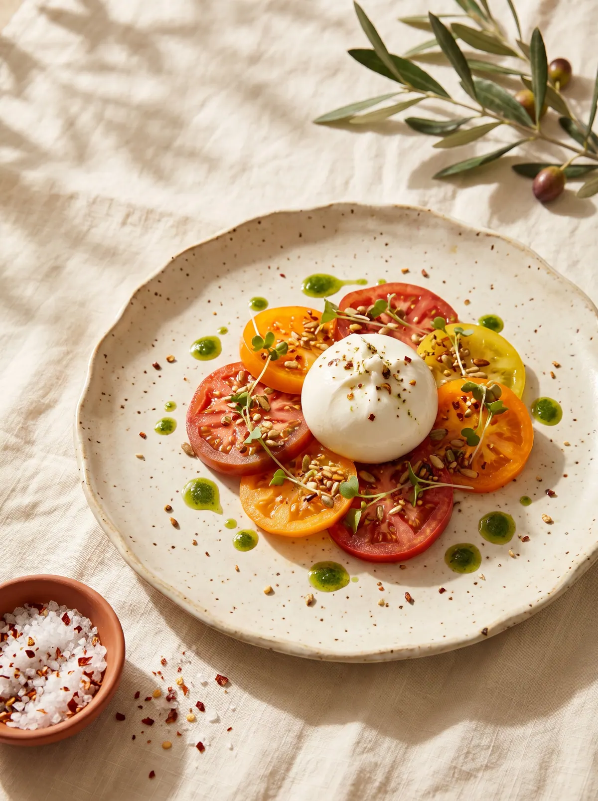 Entrada de burrata com tomates e ervas sobre prato de cerâmica rústica, à luz quente da tarde