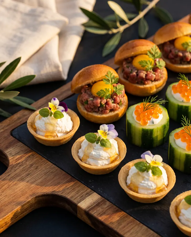 Canapés finger food sobre tábua de ardósia