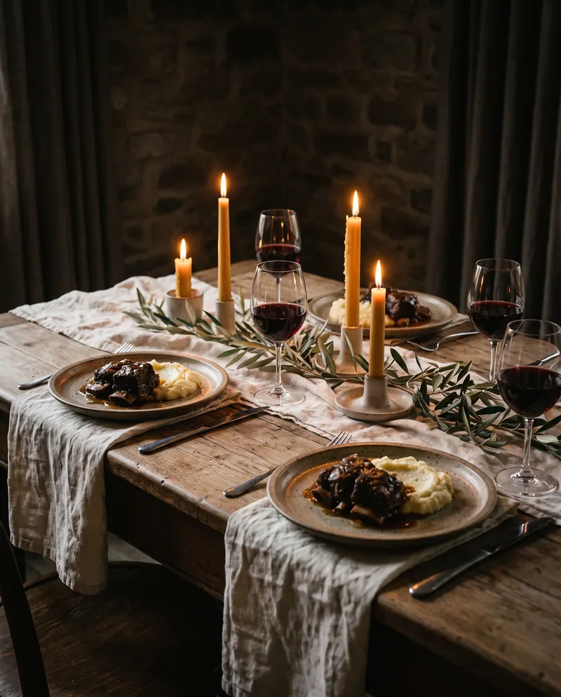 Mesa de jantar à luz de velas com costela e vinho