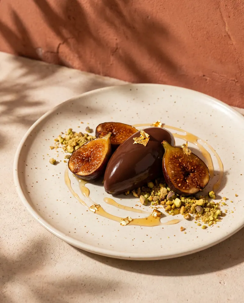 Sobremesa de chocolate com figos caramelizados e pistache