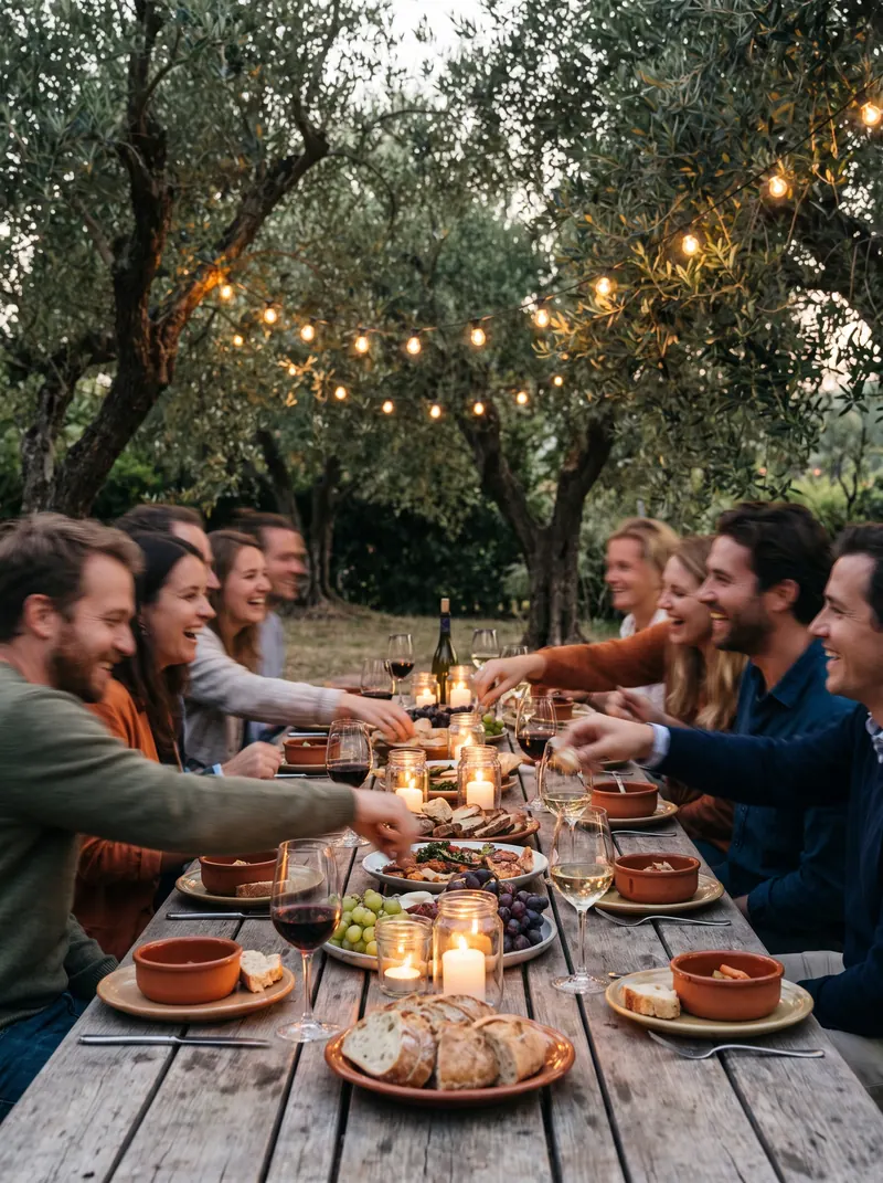 Convidados compartilhando comida sob oliveiras ao entardecer