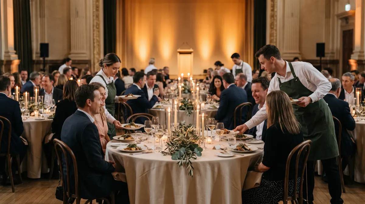 Jantar de gala corporativo com mesas redondas